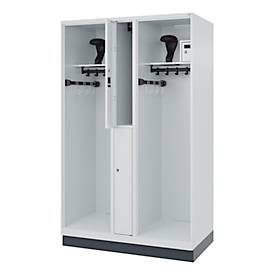 Feuerwehrspind C+P Evolo Maxi, 4 Abteile für 2 Personen, mit Helmhalter, mit Sockel, B 1200 x T 600 x H 1950 mm, RAL 7035 Lichtgrau/RAL 7016 Anthrazitgrau