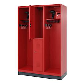 Feuerwehrspind C+P Evolo Maxi, 4 Abteile für 2 Personen, mit Helmhalter, mit Sockel, B 1300 x T 500 x H 1950 mm, RAL 3000 Feuerrot/RAL 7016 Anthrazitgrau