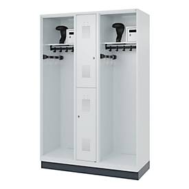 Feuerwehrspind C+P Evolo Maxi, 4 Abteile für 2 Personen, mit Helmhalter, mit Sockel, B 1300 x T 500 x H 1950 mm, RAL 7035 Lichtgrau/RAL 7016 Anthrazitgrau