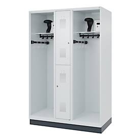 Feuerwehrspind C+P Evolo Maxi, 4 Abteile für 2 Personen, mit Helmhalter, mit Sockel, B 1300 x T 600 x H 1950 mm, RAL 7035 Lichtgrau/RAL 7016 Anthrazitgrau