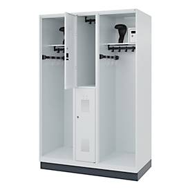 Feuerwehrspind C+P Evolo Maxi, 4 Abteile für 2 Personen, mit Helmhalter, mit Sockel, B 1300 x T 600 x H 1950 mm, RAL 7035 Lichtgrau/RAL 7016 Anthrazitgrau