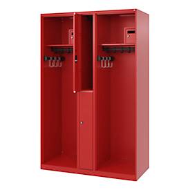 Feuerwehrspind C+P Evolo Maxi, 4 Abteile für 2 Personen, ohne Helmhalter, Bodengleiter, B 1200 x T 500 x H 1850 mm, RAL 3000 Feuerrot