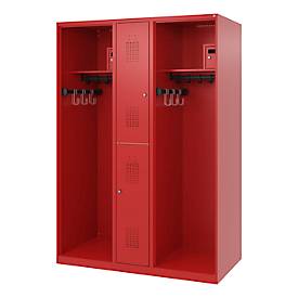 Feuerwehrspind C+P Evolo Maxi, 4 Abteile für 2 Personen, ohne Helmhalter, Bodengleiter, B 1300 x T 600 x H 1850 mm, RAL 3000 Feuerrot