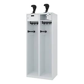 Feuerwehrspind C+P Evolo PRAKTUS, 2 Abteile, Helmhalter, mit Sockel, Bodengleiter, B 800 x T 500 x H 1850 mm, RAL 7035 Lichtgrau