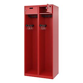 Feuerwehrspind C+P Evolo PRAKTUS, 2 Abteile, mit Sockel, Bodengleiter, B 800 x T 500 x H 1850 mm, RAL 3000 Feuerrot