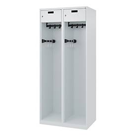 Feuerwehrspind C+P Evolo PRAKTUS, 2 Abteile, mit Sockel, Bodengleiter, B 800 x T 500 x H 1850 mm, RAL 7035 Lichtgrau