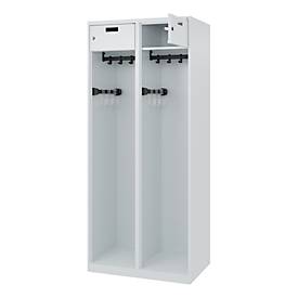 Feuerwehrspind C+P Evolo PRAKTUS, 2 Abteile, mit Sockel, Bodengleiter, B 800 x T 500 x H 1850 mm, RAL 7035 Lichtgrau