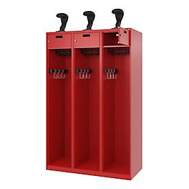 Feuerwehrspind C+P Evolo PRAKTUS, 3 Abteile, Helmhalter, mit Sockel, Bodengleiter, B 1200 x T 500 x H 1850 mm, RAL 3000 Feuerrot
