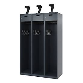 Feuerwehrspind C+P Evolo PRAKTUS, 3 Abteile, Helmhalter, mit Sockel, Bodengleiter, B 1200 x T 500 x H 1850 mm, RAL 7016 Anthrazitgrau
