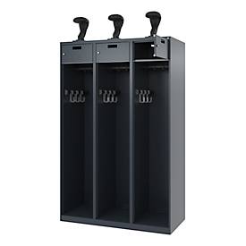 Feuerwehrspind C+P Evolo PRAKTUS, 3 Abteile, Helmhalter, mit Sockel, Bodengleiter, B 1200 x T 500 x H 1850 mm, RAL 7016 Anthrazitgrau