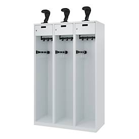 Feuerwehrspind C+P Evolo PRAKTUS, 3 Abteile, Helmhalter, mit Sockel, Bodengleiter, B 1200 x T 500 x H 1850 mm, RAL 7035 Lichtgrau