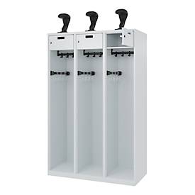 Feuerwehrspind C+P Evolo PRAKTUS, 3 Abteile, Helmhalter, mit Sockel, Bodengleiter, B 1200 x T 500 x H 1850 mm, RAL 7035 Lichtgrau
