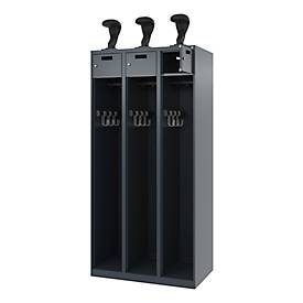 Feuerwehrspind C+P Evolo PRAKTUS, 3 Abteile, Helmhalter, mit Sockel, Bodengleiter, B 900 x T 500 x H 1850 mm, RAL 7016 Anthrazitgrau