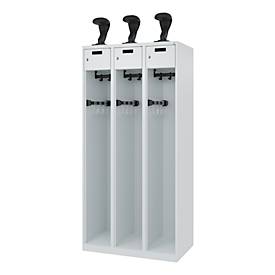 Feuerwehrspind C+P Evolo PRAKTUS, 3 Abteile, Helmhalter, mit Sockel, Bodengleiter, B 900 x T 500 x H 1850 mm, RAL 7035 Lichtgrau