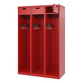 Feuerwehrspind C+P Evolo PRAKTUS, 3 Abteile, mit Sockel, Bodengleiter, B 1200 x T 500 x H 1850 mm, RAL 3000 Feuerrot
