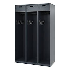 Feuerwehrspind C+P Evolo PRAKTUS, 3 Abteile, mit Sockel, Bodengleiter, B 1200 x T 500 x H 1850 mm, RAL 7016 Anthrazitgrau