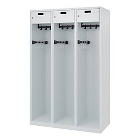 Feuerwehrspind C+P Evolo PRAKTUS, 3 Abteile, mit Sockel, Bodengleiter, B 1200 x T 500 x H 1850 mm, RAL 7035 Lichtgrau