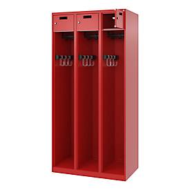 Feuerwehrspind C+P Evolo PRAKTUS, 3 Abteile, mit Sockel, Bodengleiter, B 900 x T 500 x H 1850 mm, RAL 3000 Feuerrot