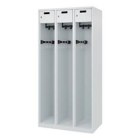 Feuerwehrspind C+P Evolo PRAKTUS, 3 Abteile, mit Sockel, Bodengleiter, B 900 x T 500 x H 1850 mm, RAL 7035 Lichtgrau