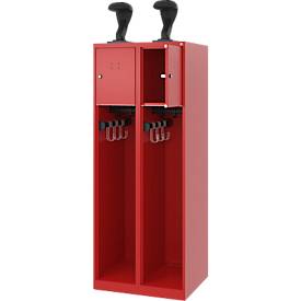 Feuerwehrspind C+P Evolo Youngster, 2 Abteile, mit Helmhalter, Bodengleiter, B 600 x T 500 x H 1530 mm, RAL 3000 Feuerrot
