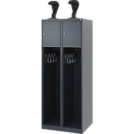 Feuerwehrspind C+P Evolo Youngster, 2 Abteile, mit Helmhalter, Bodengleiter, B 600 x T 500 x H 1530 mm, RAL 7016 Anthrazitgrau