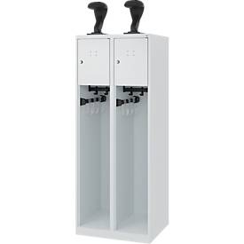 Feuerwehrspind C+P Evolo Youngster, 2 Abteile, mit Helmhalter, Bodengleiter, B 600 x T 500 x H 1530 mm, RAL 7035 Lichtgrau