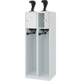 Feuerwehrspind C+P Evolo Youngster, 2 Abteile, mit Helmhalter, Bodengleiter, B 600 x T 500 x H 1530 mm, RAL 7035 Lichtgrau