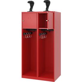 Feuerwehrspind C+P Evolo Youngster, 2 Abteile, mit Helmhalter, Bodengleiter, B 800 x T 500 x H 1530 mm, RAL 3000 Feuerrot