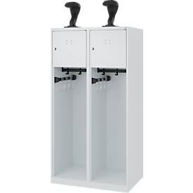 Feuerwehrspind C+P Evolo Youngster, 2 Abteile, mit Helmhalter, Bodengleiter, B 800 x T 500 x H 1530 mm, RAL 7035 Lichtgrau