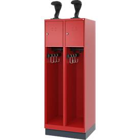 Feuerwehrspind C+P Evolo Youngster, 2 Abteile, mit Helmhalter, mit Sockel, B 600 x T 500 x H 1630 mm, RAL 3000 Feuerrot/RAL 7016 Anthrazitgrau