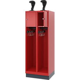 Feuerwehrspind C+P Evolo Youngster, 2 Abteile, mit Helmhalter, mit Sockel, B 600 x T 500 x H 1630 mm, RAL 3000 Feuerrot/RAL 7016 Anthrazitgrau