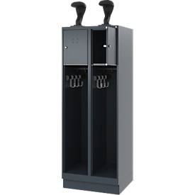 Feuerwehrspind C+P Evolo Youngster, 2 Abteile, mit Helmhalter, mit Sockel, B 600 x T 500 x H 1630 mm, RAL 7016 Anthrazitgrau