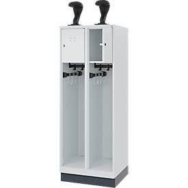 Feuerwehrspind C+P Evolo Youngster, 2 Abteile, mit Helmhalter, mit Sockel, B 600 x T 500 x H 1630 mm, RAL 7035 Lichtgrau/RAL 7016 Anthrazitgrau