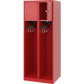 Feuerwehrspind C+P Evolo Youngster, 2 Abteile, ohne Helmhalter, Bodengleiter, B 600 x T 500 x H 1530 mm, RAL 3000 Feuerrot