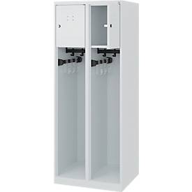 Feuerwehrspind C+P Evolo Youngster, 2 Abteile, ohne Helmhalter, Bodengleiter, B 600 x T 500 x H 1530 mm, RAL 7035 Lichtgrau