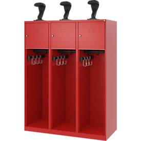 Feuerwehrspind C+P Evolo Youngster, 3 Abteile, mit Helmhalter, Bodengleiter, B 1200 x T 500 x H 1530 mm, RAL 3000 Feuerrot