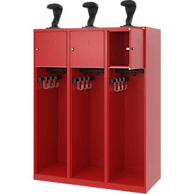Feuerwehrspind C+P Evolo Youngster, 3 Abteile, mit Helmhalter, Bodengleiter, B 1200 x T 500 x H 1530 mm, RAL 3000 Feuerrot