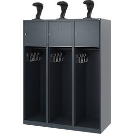 Feuerwehrspind C+P Evolo Youngster, 3 Abteile, mit Helmhalter, Bodengleiter, B 1200 x T 500 x H 1530 mm, RAL 7016 Anthrazitgrau