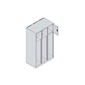 Feuerwehrspind C+P Evolo Youngster, 3 Abteile, mit Helmhalter, Bodengleiter, B 900 x T 500 x H 1530 mm, RAL 3000 Feuerrot