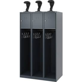 Feuerwehrspind C+P Evolo Youngster, 3 Abteile, mit Helmhalter, Bodengleiter, B 900 x T 500 x H 1530 mm, RAL 7016 Anthrazitgrau