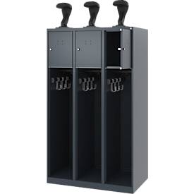 Feuerwehrspind C+P Evolo Youngster, 3 Abteile, mit Helmhalter, Bodengleiter, B 900 x T 500 x H 1530 mm, RAL 7016 Anthrazitgrau