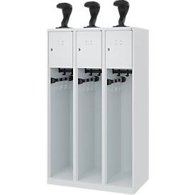 Feuerwehrspind C+P Evolo Youngster, 3 Abteile, mit Helmhalter, Bodengleiter, B 900 x T 500 x H 1530 mm, RAL 7035 Lichtgrau