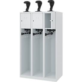 Feuerwehrspind C+P Evolo Youngster, 3 Abteile, mit Helmhalter, Bodengleiter, B 900 x T 500 x H 1530 mm, RAL 7035 Lichtgrau