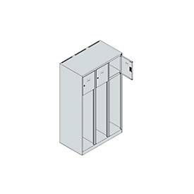 Feuerwehrspind C+P Evolo Youngster, 3 Abteile, mit Helmhalter, Bodengleiter, B 900 x T 500 x H 1530 mm, RAL 7035 Lichtgrau