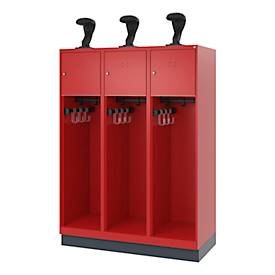 Feuerwehrspind C+P Evolo Youngster, 3 Abteile, mit Helmhalter, mit Sockel, B 1200 x T 500 x H 1630 mm, RAL 3000 Feuerrot/RAL 7016 Anthrazitgrau