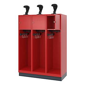Feuerwehrspind C+P Evolo Youngster, 3 Abteile, mit Helmhalter, mit Sockel, B 1200 x T 500 x H 1630 mm, RAL 3000 Feuerrot/RAL 7016 Anthrazitgrau