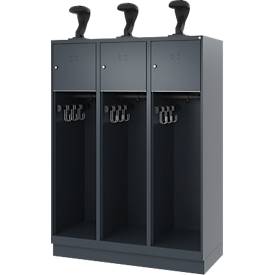 Feuerwehrspind C+P Evolo Youngster, 3 Abteile, mit Helmhalter, mit Sockel, B 1200 x T 500 x H 1630 mm, RAL 7016 Anthrazitgrau