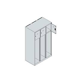 Feuerwehrspind C+P Evolo Youngster, 3 Abteile, mit Helmhalter, mit Sockel, B 900 x T 500 x H 1630 mm, RAL 3000 Feuerrot/RAL 7016 Anthrazitgrau