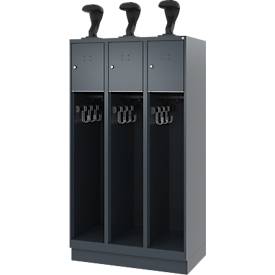 Feuerwehrspind C+P Evolo Youngster, 3 Abteile, mit Helmhalter, mit Sockel, B 900 x T 500 x H 1630 mm, RAL 7016 Anthrazitgrau