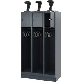 Feuerwehrspind C+P Evolo Youngster, 3 Abteile, mit Helmhalter, mit Sockel, B 900 x T 500 x H 1630 mm, RAL 7016 Anthrazitgrau